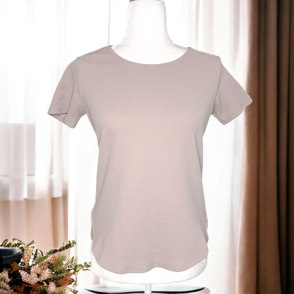 Bar III Short Sleeve Textured Zip Back Top Beige Small